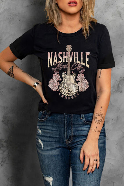 Black Nashville Leopard Guitar Rose Print Short Sleeve T Shirt  LC25220742-2