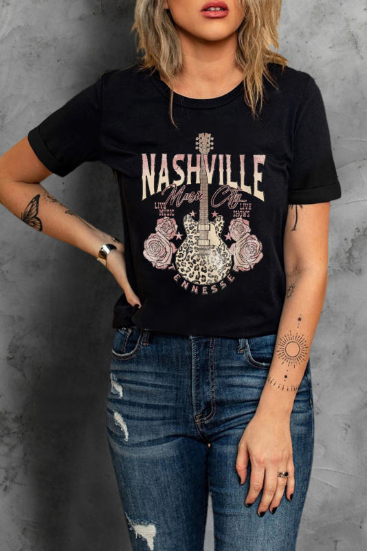 Black Nashville Leopard Guitar Rose Print Short Sleeve T Shirt  LC25220742-2