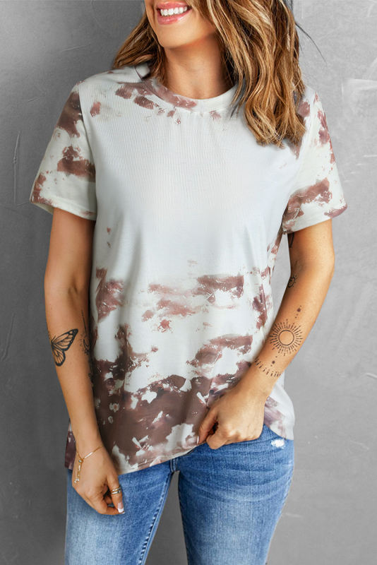 Brown Blank Apparel- Bleached Tie-dye Print Short Sleeve Top LC25220659-17
