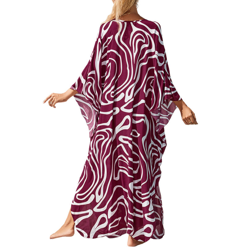 Purplish Red Print Long Kinimo Beachwear TQL310062-32