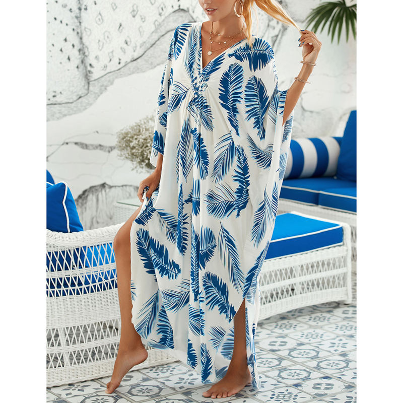Blue White Print Long Kinimo Beachwear TQL310062-86