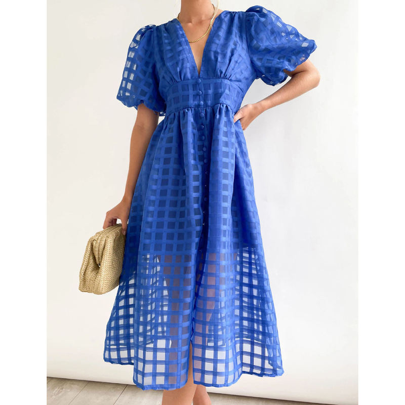 Blue V Neck Puff Sleeve Casual Party Dress TQG310045-5