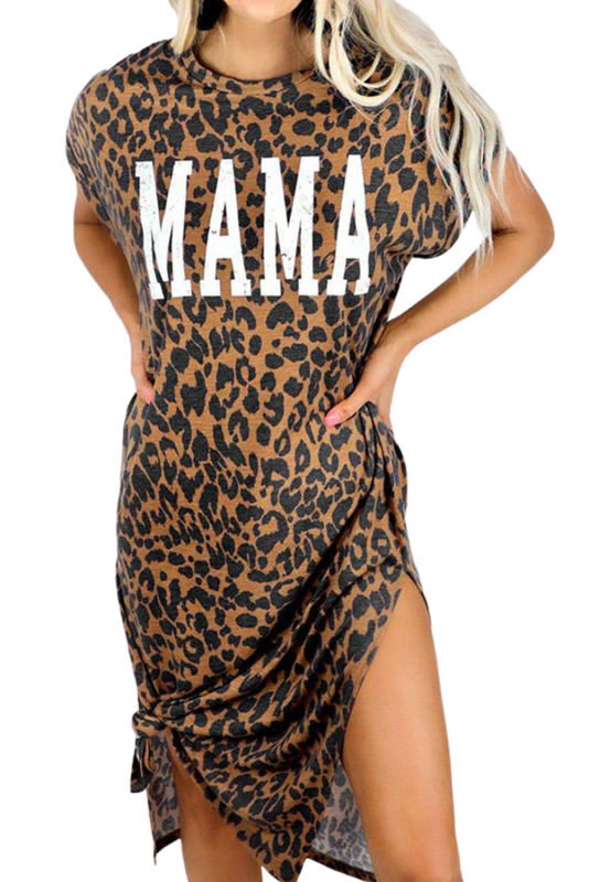 Leopard MAMA Letter Print Slit T-Shirt Dress LC6115144-20