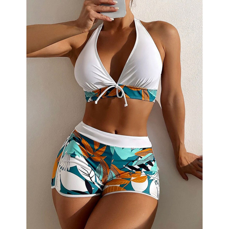 White Halter Bikini and Tropical Print Boardshorts TQG610001-1