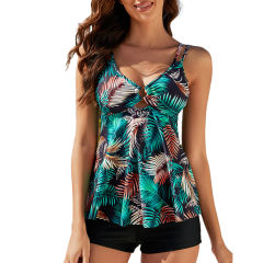 Green Leaf Print Double Straps Tankini with Short Set TQX610042-9