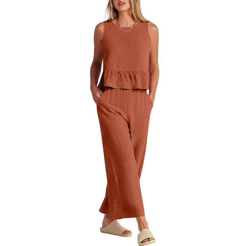 Orange Sleeveless Pleated Tank and Wide Leg Pants set TQL710162-14