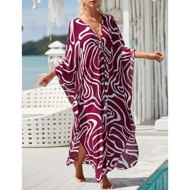 Purplish Red Print Long Kinimo Beachwear TQL310062-32
