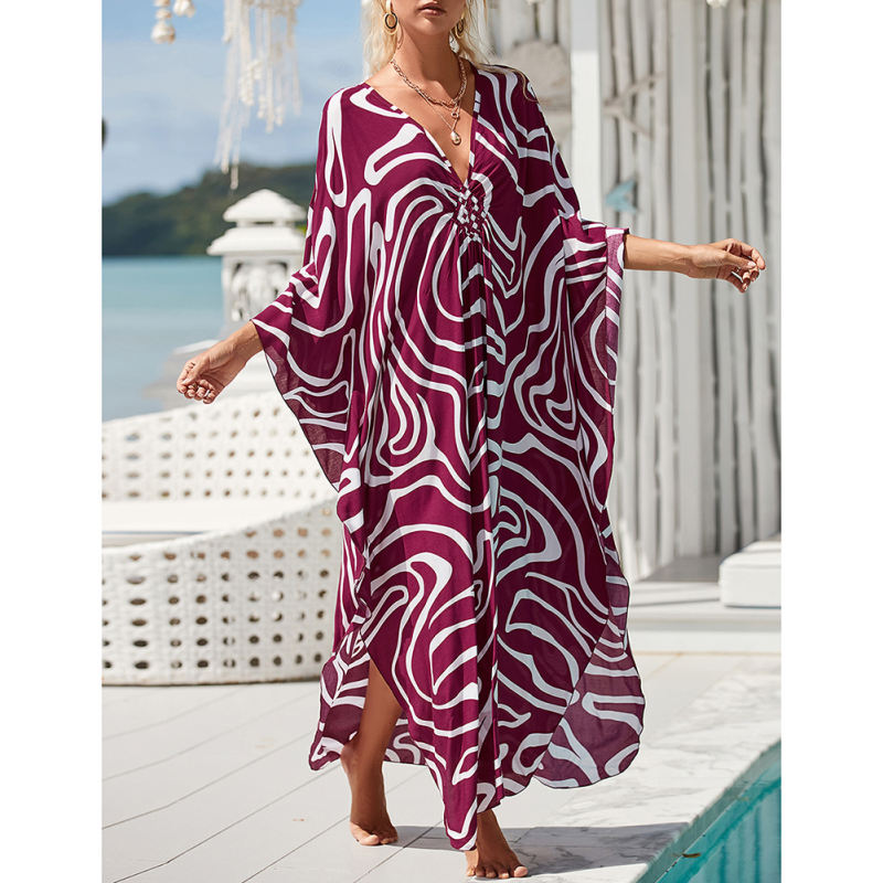 Purplish Red Print Long Kinimo Beachwear TQL310062-32