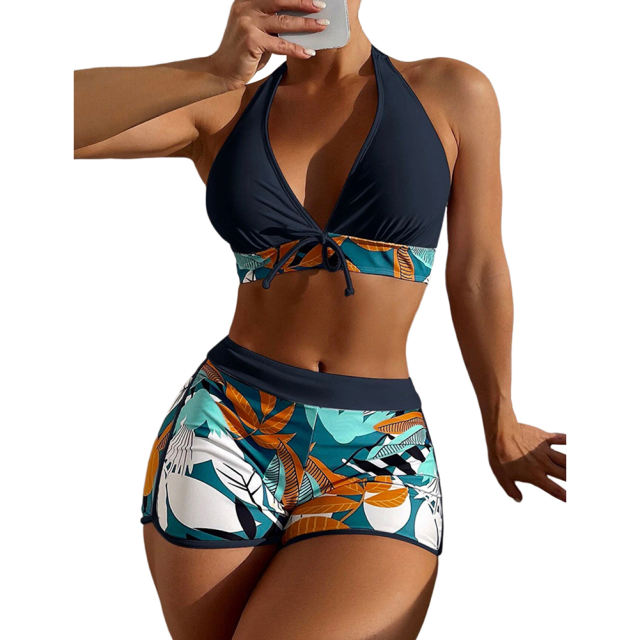 Black Halter Bikini and Tropical Print Boardshorts TQG610001-2