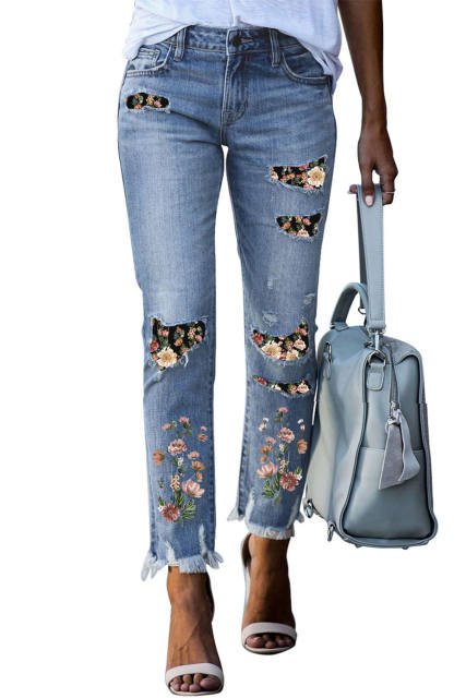 Sky Blue Printed Patch Ripped Skinny Jeans LC7871217-704
