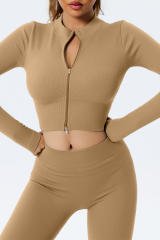 Khaki Full Zipper Ribbed Seamless Long Sleeve Yoga Top LC264373-16