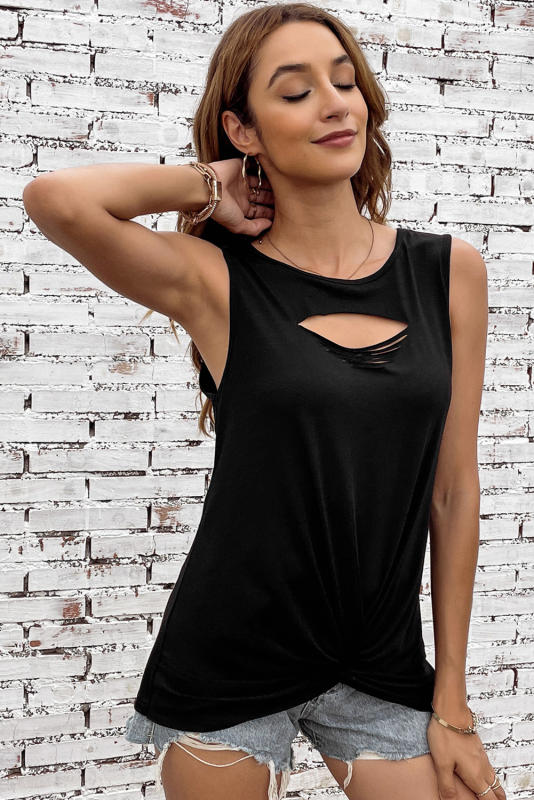 Black Laser Cut Slits Twist Front Tank Top LC2569522-2