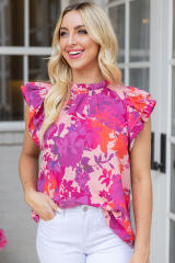 Rose Floral Flutter Sleeves Frilled Neck Blouse LC25121306-6