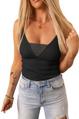 Black Mesh Patch V Neck Ribbed Knit Tank Top LC2567985-2
