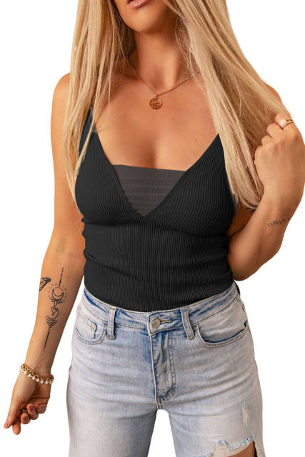 Black Mesh Patch V Neck Ribbed Knit Tank Top LC2567985-2