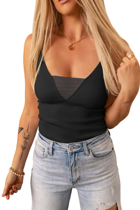 Black Mesh Patch V Neck Ribbed Knit Tank Top LC2567985-2
