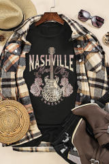 Black Nashville Leopard Guitar Rose Print Short Sleeve T Shirt  LC25220742-2
