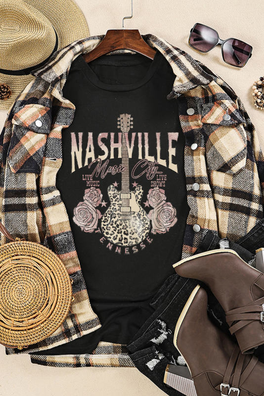 Black Nashville Leopard Guitar Rose Print Short Sleeve T Shirt  LC25220742-2