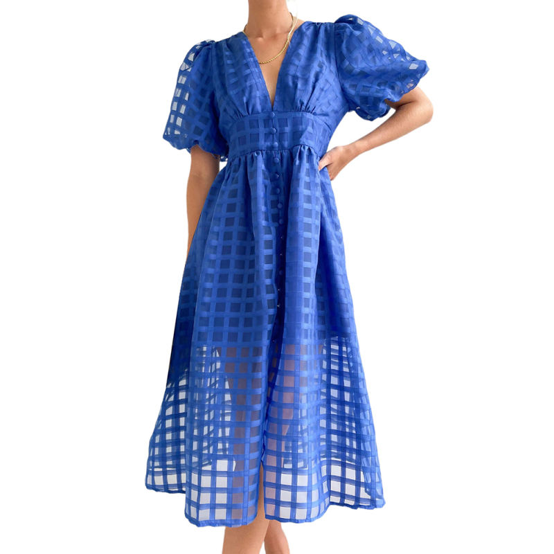 Blue V Neck Puff Sleeve Casual Party Dress TQG310045-5