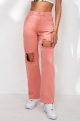 Pink High Waist Ripped Straight Leg Pocket Jeans LC7873435-10