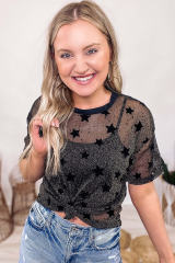 Black Stars Mesh See-through Short Sleeve T Shirt LC25221372-2