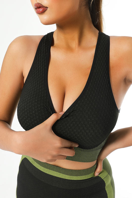 Green Textured U Neck Criss Cross Sports Bra LC264395-109