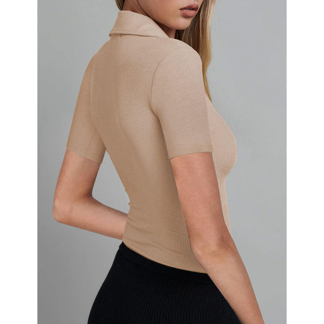 Khaki Ribbed Deep V Neck Short Sleeve Bodysuit TQL550085-21