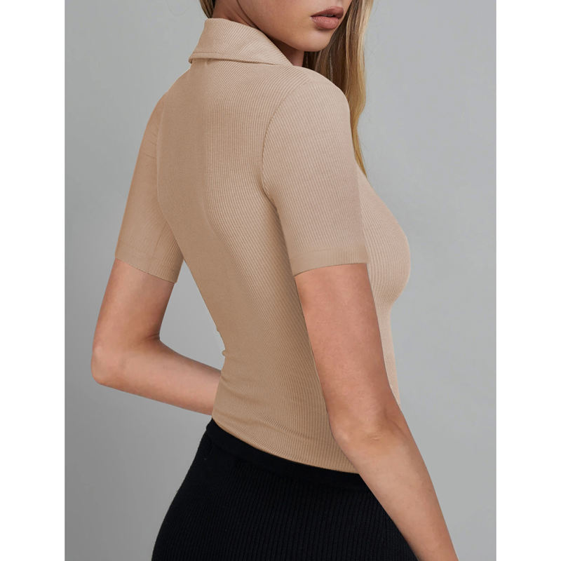 Khaki Ribbed Deep V Neck Short Sleeve Bodysuit TQL550085-21