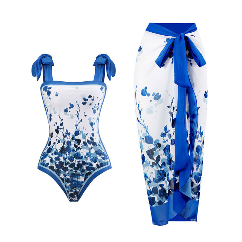 Blue Bow Knot Straps One Piece Swimsuit With Skirt Set TQX610037-5