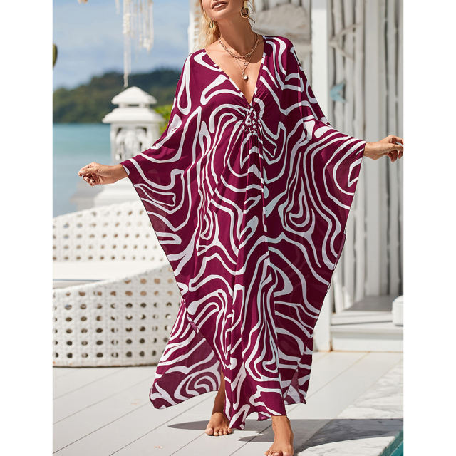 Purplish Red Print Long Kinimo Beachwear TQL310062-32