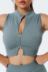 Sky Blue Solid Color Zip up Sleeveless Active Crop Top LC264376-4