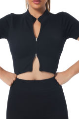 Black Zipped Front Short Sleeve Sports Crop Top LC264375-2