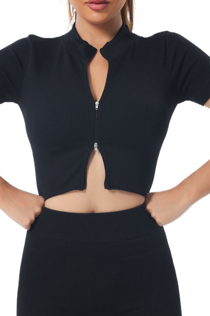 Black Zipped Front Short Sleeve Sports Crop Top LC264375-2