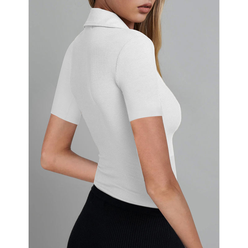 White Ribbed Deep V Neck Short Sleeve Bodysuit TQL550085-1