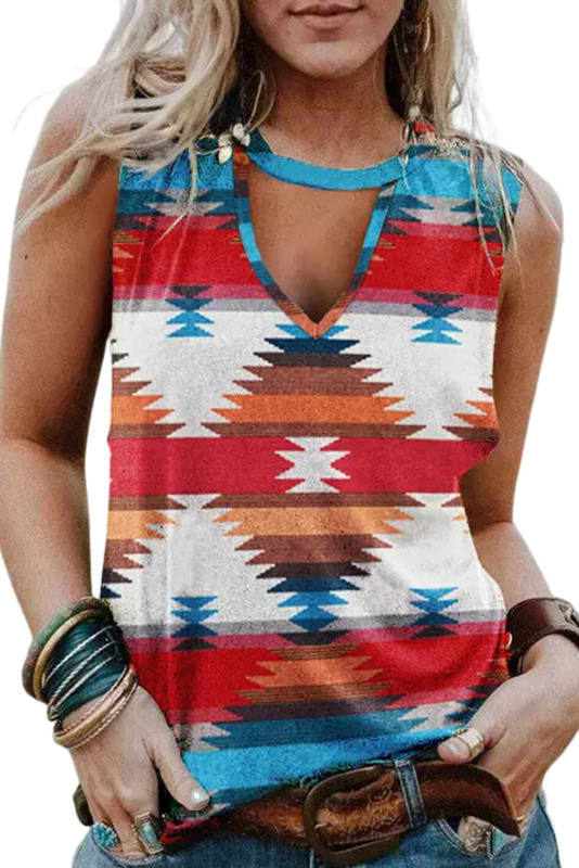 Red Aztec Geometric Print Hollowed Neckline Tank Top LC2568834-3