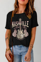 Black Nashville Leopard Guitar Rose Print Short Sleeve T Shirt  LC25220742-2