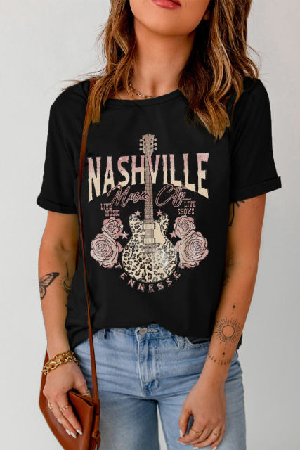 Black Nashville Leopard Guitar Rose Print Short Sleeve T Shirt  LC25220742-2
