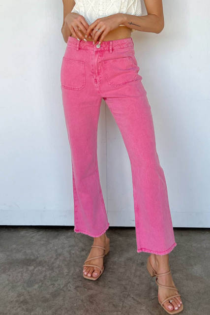 Pink Ankle-length Flare Leg Raw Hem Jeans LC7711675-10