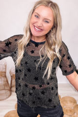 Black Stars Mesh See-through Short Sleeve T Shirt LC25221372-2