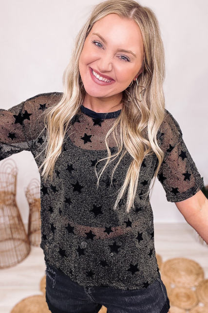 Black Stars Mesh See-through Short Sleeve T Shirt LC25221372-2