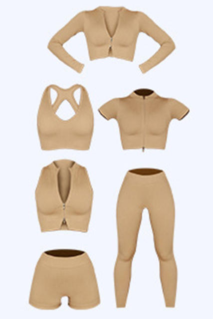 Khaki Zipped Front Short Sleeve Sports Crop Top LC264375-16