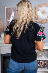 Black Floral Embroidered Bubble Sleeve Frill V Neck Top LC25120903-2