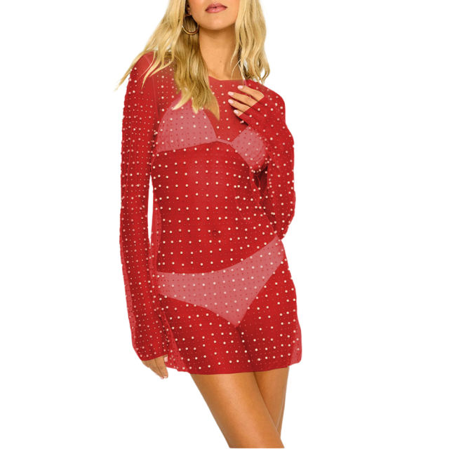 Red Sheer Rhinestone Mesh Long Sleeve Beach Cover TQK311544-3