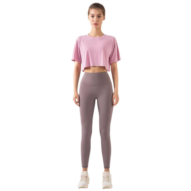 Pink Loose Crop Top and Gray High Waist Yoga Pants Set TQE71335-5-8