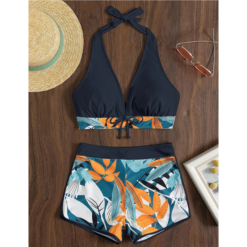 Black Halter Bikini and Tropical Print Boardshorts TQG610001-2