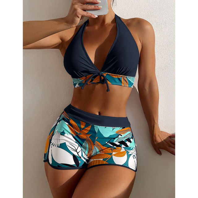 Black Halter Bikini and Tropical Print Boardshorts TQG610001-2