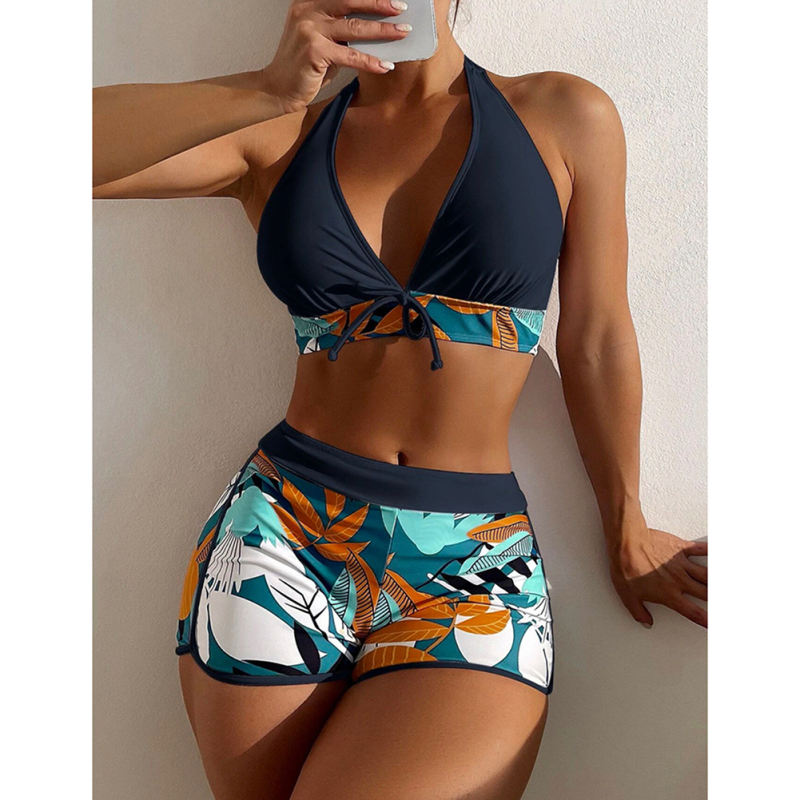 Black Halter Bikini and Tropical Print Boardshorts TQG610001-2