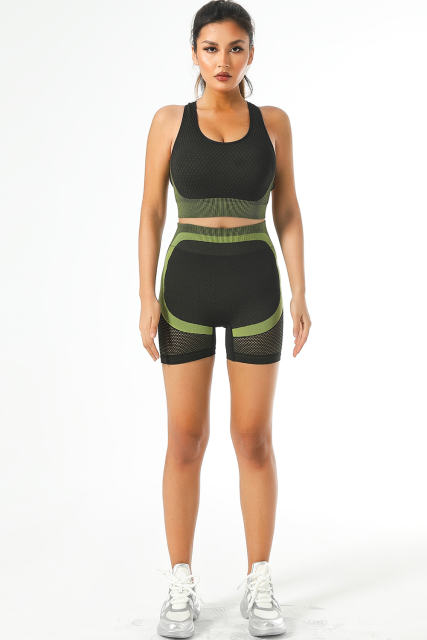 Green Textured U Neck Criss Cross Sports Bra LC264395-109