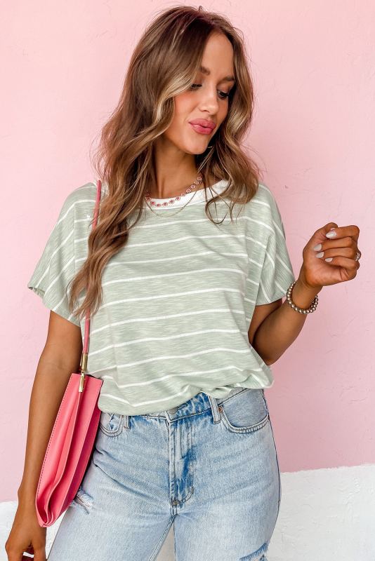 Green Stripe Short Sleeve Round Neck T-Shirt LC25221021-9