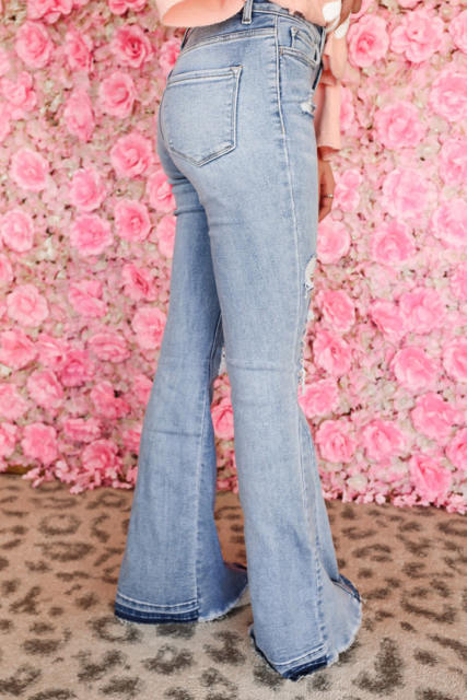 Sky Blue Light Wash Distressed High Rise Flare Jeans LC7873323-4